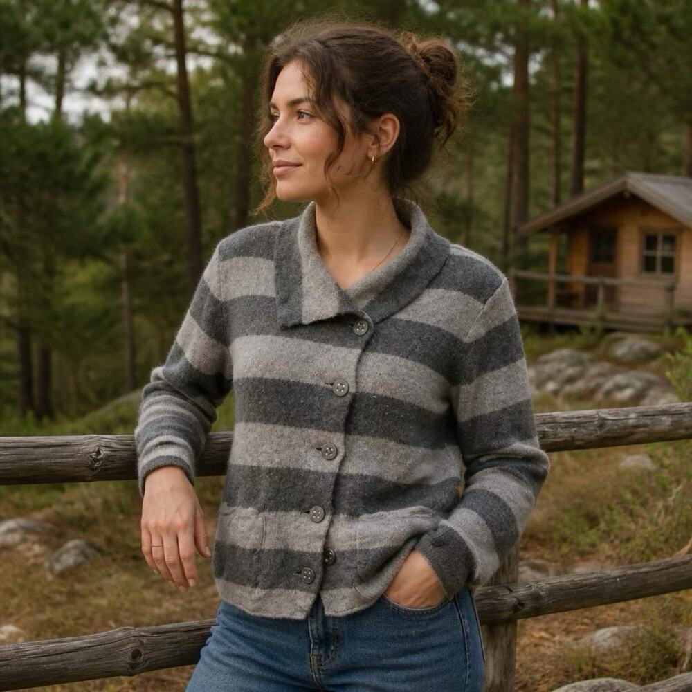 Horny Toad Jacket Women L BoiledWool Angora Nylon Striped Gray Office Or Outdoor